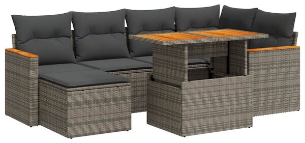 7 részes szürke polyrattan akácfa kerti ülőgarnitúra párnákkal