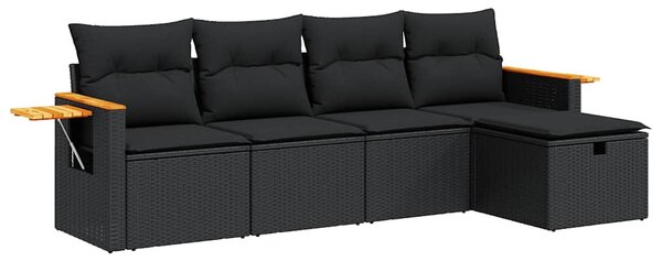 5 részes fekete polyrattan kerti kanapészett párnákkal