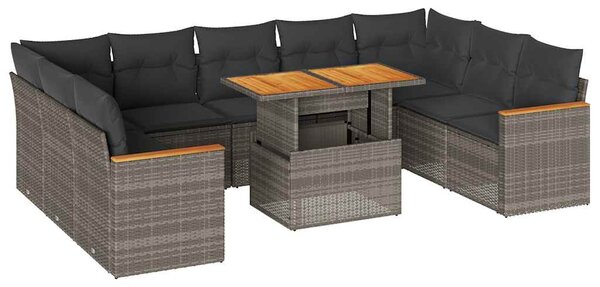 10 részes szürke polyrattan akácfa kerti ülőgarnitúra párnákkal