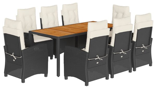 9 részes fekete polyrattan kerti étkezőgarnitúra párnákkal