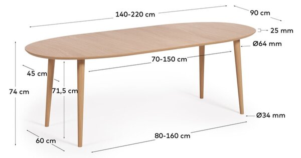 Natúr színű bővíthető étkezőasztal tölgyfa dekorral 90x140 cm Oqui – Kave Home