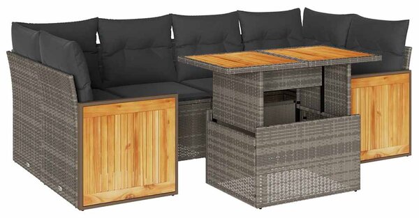 7 részes szürke polyrattan akácfa kerti ülőgarnitúra párnákkal