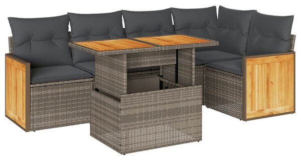 6 részes szürke polyrattan akácfa kerti ülőgarnitúra párnákkal