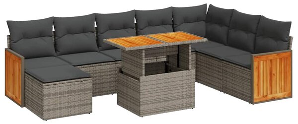 9 részes szürke polyrattan akácfa kerti ülőgarnitúra párnákkal