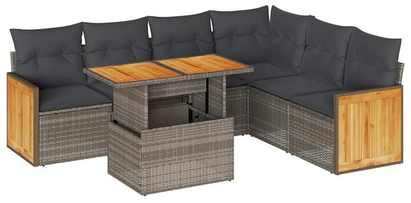 7 részes szürke polyrattan akácfa kerti ülőgarnitúra párnákkal