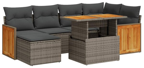 7 részes szürke polyrattan akácfa kerti ülőgarnitúra párnákkal