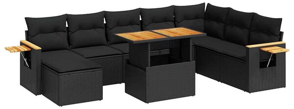 9 részes fekete polyrattan akácfa kerti ülőgarnitúra párnákkal