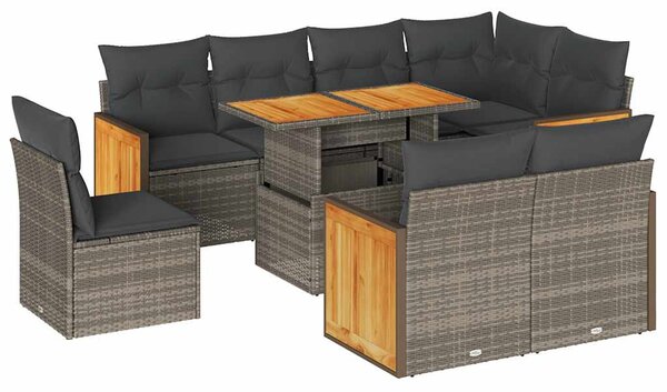 9 részes szürke polyrattan akácfa kerti ülőgarnitúra párnákkal