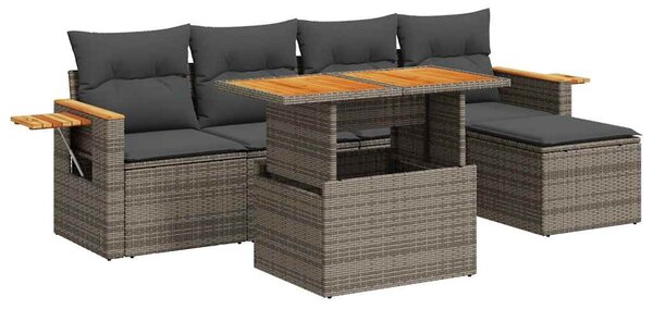 6 részes szürke polyrattan akácfa kerti ülőgarnitúra párnákkal