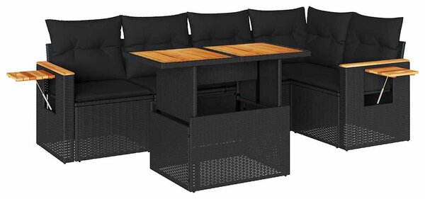 6 részes fekete polyrattan akácfa kerti ülőgarnitúra párnákkal