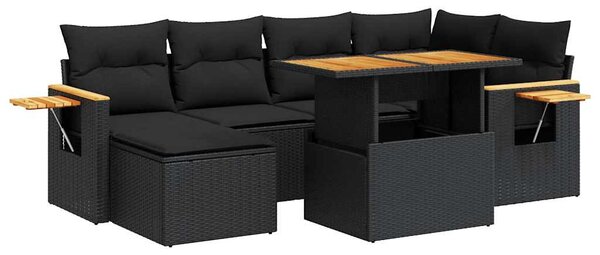 7 részes fekete polyrattan akácfa kerti ülőgarnitúra párnával