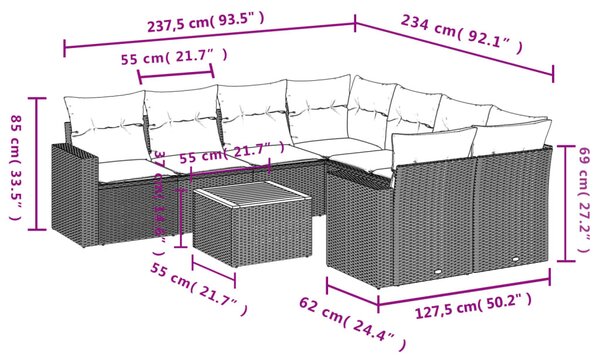 9 részes bézs polyrattan kerti ülőgarnitúra párnákkal