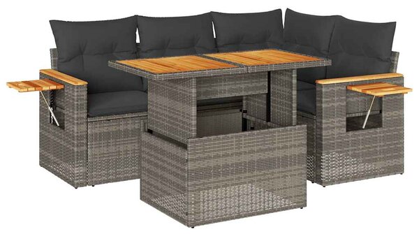 5 részes szürke polyrattan akácfa kerti ülőgarnitúra párnákkal