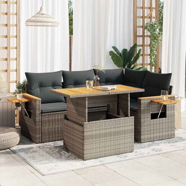 5 részes szürke polyrattan akácfa kerti ülőgarnitúra párnákkal