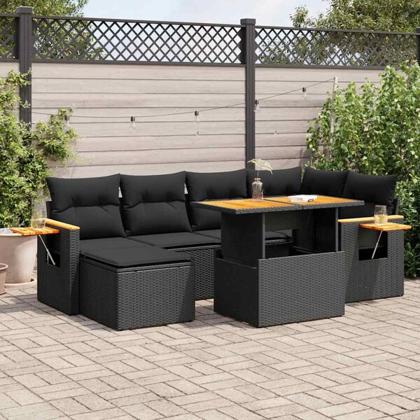 7 részes fekete polyrattan akácfa kerti ülőgarnitúra párnával