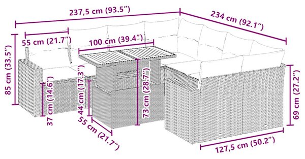 9 részes bézs polyrattan kerti ülőgarnitúra párnákkal