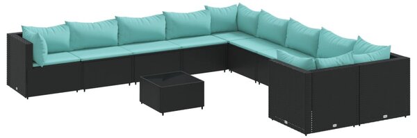 11 részes fekete polyrattan kerti ülőgarnitúra párnákkal
