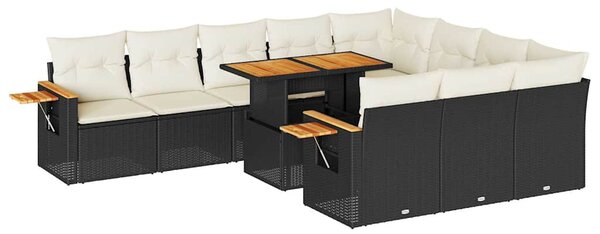 11 részes fekete polyrattan akácfa kerti ülőgarnitúra párnákkal