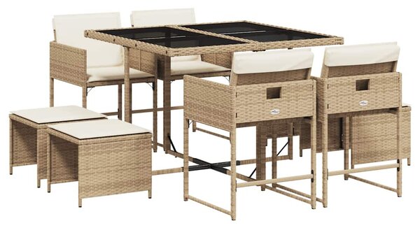 9 részes bézs polyrattan kerti étkezőgarnitúra párnákkal