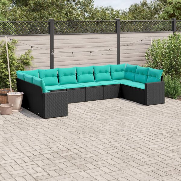 10 részes fekete polyrattan kerti ülőgarnitúra párnával