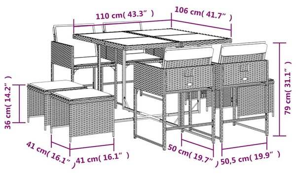 9 részes bézs polyrattan kerti étkezőgarnitúra párnákkal