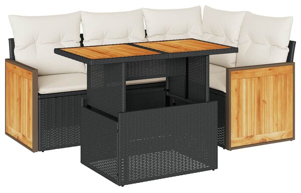 5 részes fekete polyrattan akácfa kerti kanapészett párnákkal