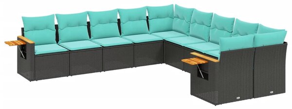 10 részes fekete polyrattan kerti ülőgarnitúra párnával