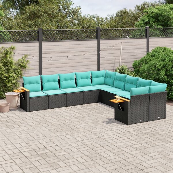 10 részes fekete polyrattan kerti ülőgarnitúra párnával