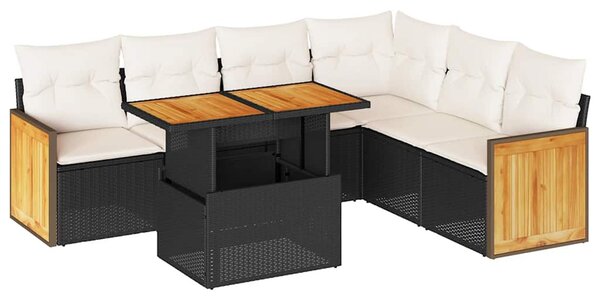 7 részes fekete polyrattan akácfa kerti ülőgarnitúra párnával
