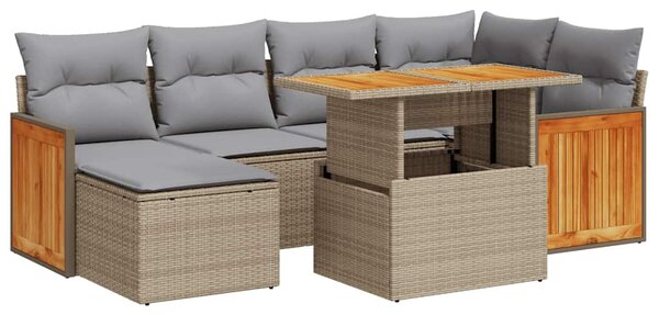 7 részes bézs polyrattan akácfa kerti ülőgarnitúra párnákkal