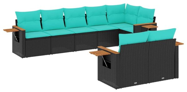 8 részes fekete polyrattan kerti ülőgarnitúra párnával