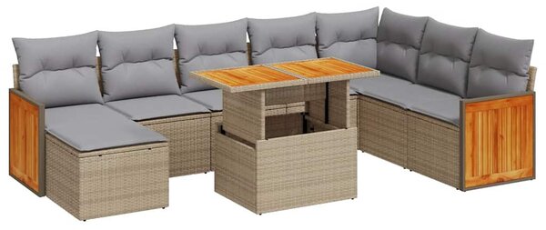 9 részes bézs polyrattan akácfa kerti ülőgarnitúra párnákkal