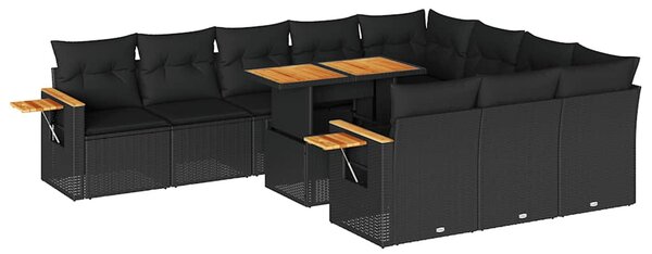 11 részes fekete polyrattan akácfa kerti ülőgarnitúra párnákkal