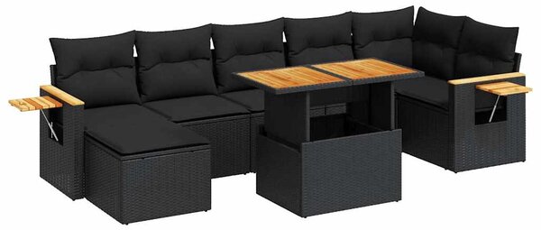 8 részes fekete polyrattan akácfa kerti ülőgarnitúra párnákkal