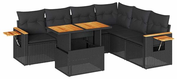 7 részes fekete polyrattan akácfa kerti ülőgarnitúra párnával