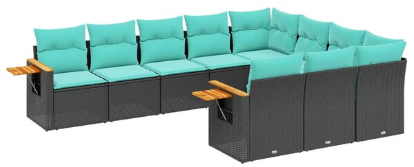 10 részes fekete polyrattan kerti ülőgarnitúra párnával