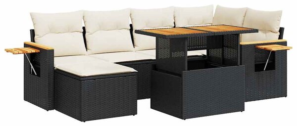 7 részes fekete polyrattan akácfa kerti ülőgarnitúra párnával