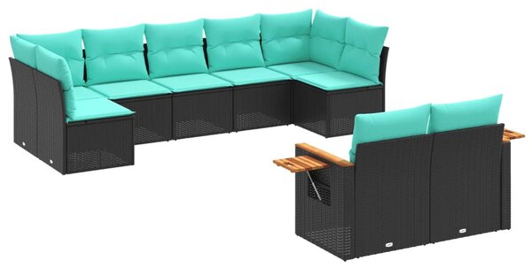 9 részes fekete polyrattan kerti ülőgarnitúra párnával