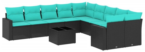 11 részes fekete polyrattan kerti ülőgarnitúra párnákkal
