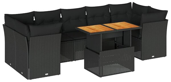 8 részes fekete polyrattan kerti ülőgarnitúra párnákkal