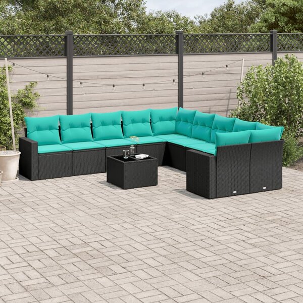 11 részes fekete polyrattan kerti ülőgarnitúra párnákkal
