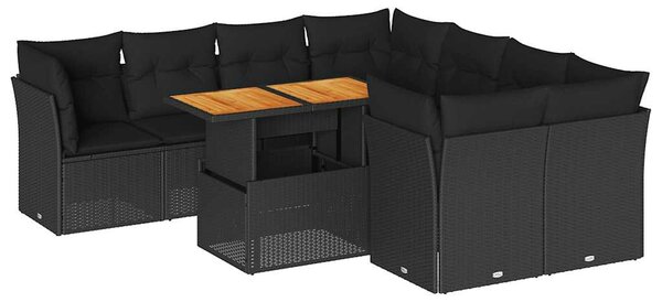9 részes fekete polyrattan kerti ülőgarnitúra párnákkal