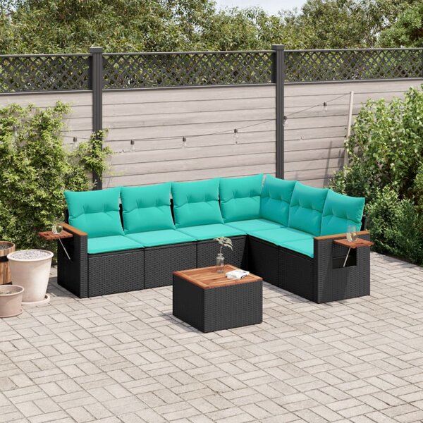 7 részes fekete polyrattan kerti ülőgarnitúra párnákkal