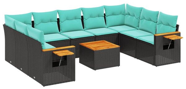10 részes fekete polyrattan kerti ülőgarnitúra párnával