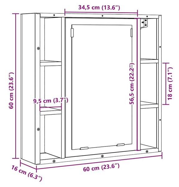 VidaXL kézműves tölgy szerelt fa tükrös fürdőszobaszekrény 60x16x60 cm