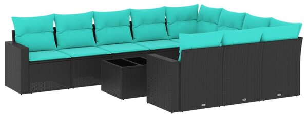 11 részes fekete polyrattan kerti ülőgarnitúra párnákkal