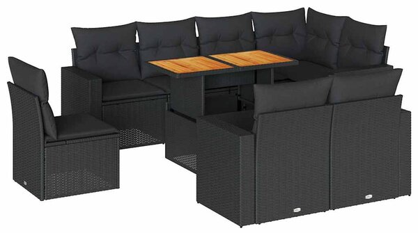 9 részes fekete polyrattan kerti ülőgarnitúra párnákkal