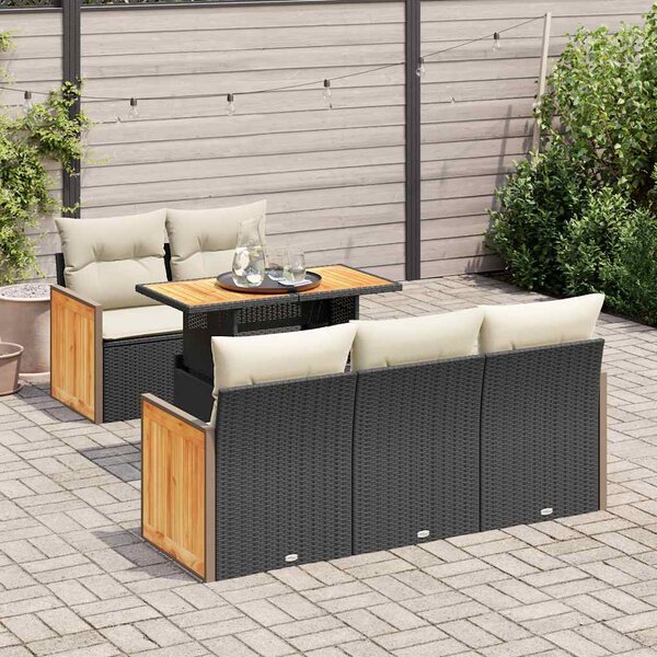 6 részes fekete polyrattan akácfa kerti ülőgarnitúra párnákkal