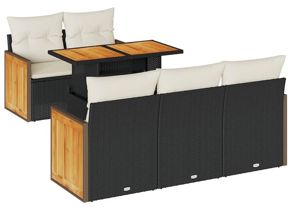 6 részes fekete polyrattan akácfa kerti ülőgarnitúra párnákkal