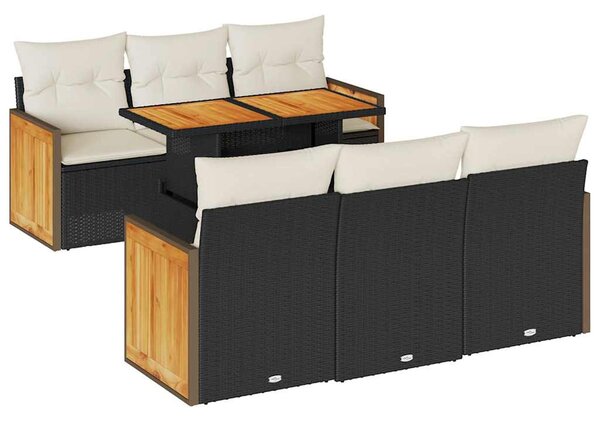 7 részes fekete polyrattan akácfa kerti ülőgarnitúra párnával